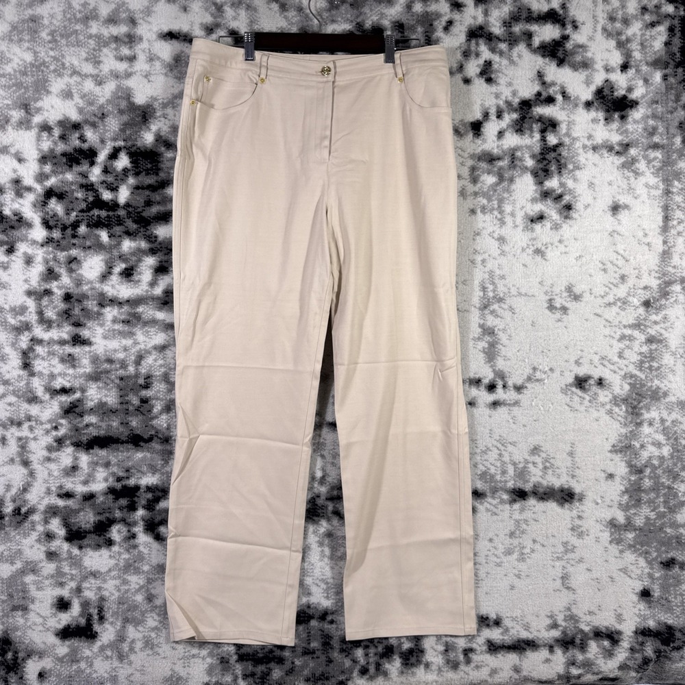 St John Sport Pants Womens Size 14 Tan Wide Leg Gold Hardware Minimalist Dressy